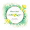 Watercolor freehand drawing, round template for text. Summer dandelions