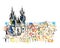 Watercolor freehand sketch drawing of Prague Czech Republic top