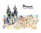 Watercolor freehand sketch drawing of Prague Czech Republic top