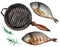 Watercolor fried fish on a white background and a frying pan