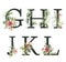 Watercolor frolal alphabet set of black G, H, I, J, K, L with wild flowers. Hand painted floral symbols isolated on white