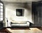 Watercolor of Front view of dimly lit living room with an unoccupied