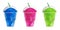 Watercolor frosty ice raspberry, pink, blue and green berry smoothie slush in a clear plastic container with a straw