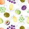 Watercolor fruit clipart. Hand painted digital paper. Grapes, pear, plum, apricot seamless pattern