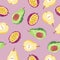 Watercolor fruit pattern with pear, avocado and passion fruit