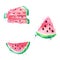 Watercolor fruit set watermelons, slices watermelon with seeds and paint splashes.  Isolate