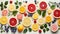 watercolor fruits arranged in a repeating pattern on a light background