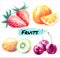 Watercolor fruits Cherry, Kiwi, Orange, Strawberry. Set of vector juicy ripe fruits.