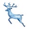 Watercolor full silhouette of jumping deer in blue color. Animal painting. Stag and antler christmas illustration