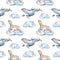 Watercolor fur seals on ice floes and whales seamless pattern