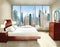 Watercolor of A furnished bedroom with a view of the city through the