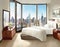 Watercolor of A furnished bedroom with a view of the city through the