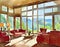 Watercolor of Furnished living room with eclectic decor and a scenic mountain view in rustic