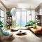 Watercolor of Futuristic living room with cozy blending Scandinavian and Japanese design