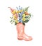 Watercolor garden boot with wildflower bouquet composition. Hand painted rain boots with beautiful summer meadow wild flowers