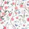 Watercolor garden rose bouquet, blooming tree seamless pattern, Chinoiserie floral texture