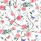 Watercolor garden rose bouquet, blooming tree seamless pattern, Chinoiserie floral texture on white