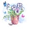 Watercolor Garden Spring bouquet in flower pots