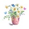 Watercolor Garden Spring bouquet in flower pots