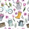 Watercolor garden supplies seamless pattern. Watering can with pink flowers for tour design