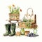 Watercolor Gardening Boots And Basket Collection With Flowers