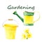 Watercolor gardening, plant growing, garden work - watering can, bucket, spring flower