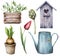 Watercolor gardening set. Hand painted birdhouse, watering can, hyacinth in a pot, artichoke and tulip isolated on a