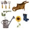 Watercolor gardening set ofsun flowers, watering can, garden instruments and wooden tray