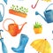 Watercolor gardening tools seamless pattern. Hand drawn cute watering can, rubber boots, umbrella, plant seedlings in flower pot