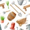 Watercolor gardening tools seamless pattern. Hand drawn watering can, rake, wooden cask and wheelbarrow, shovel, seedling in