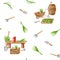 Watercolor gardening tools seamless pattern. Hand drawn wooden cask and wheelbarrow, flower pots on garden bench, rake, shovel,