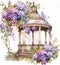 Watercolor gazebo with lilac flowers on white background