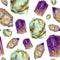 Watercolor gem stones pattern. Jade turquoise, amethyst and rauchtopaz stones seamless ornament isolated on white