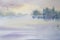 Watercolor gentle morning landscape with a lake and seagulls