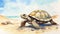 Watercolor, giant tortoise moving slowly on a sandy beach. AI generated