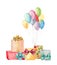 Watercolor gift boxes with bow and air balloons. Hand painted illustration of blue, pink, yellow, purple balloons and