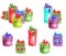 Watercolor gift boxes set. Hand drawn heap of colorful presents with ribbon isolated on white background. Bright boxes