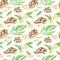 Watercolor ginger root seamless pattern with slices and leaves. Hand drawn ginger rhizome isolated on white background. Spicy
