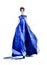 Watercolor girl walking in a blue long wide dress