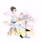 Watercolor girl work at cafe with cup of coffee, laptop on pink and yellow background