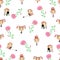 Watercolor girls with flower on white background. Seamless pattern for design.