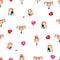 Watercolor girls with heart on white background. Seamless pattern for design.