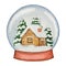 Watercolor glass ball with a house and pine trees