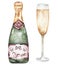 Watercolor glass and bottle of champagne clipart. Watercolor food illustration, beverages clip art