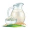 Watercolor glass pitcher of plant based milk decorated with bowl of rice and cereals