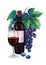 Watercolor glass of red wine, dark bottle and bunch of blue grapes