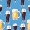 Watercolor glasses and beer mugs. Dark and light beer. Hand painted oktoberfest seamless pattern. Bavarian blue color. Pint of bee