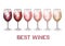 Watercolor glasses of red, rose and white wines isolated on white background