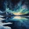 watercolor of a glassy placid lake in the arctic mountains, a glowing galactic nebulae night sky.