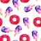 Watercolor glazed donuts and ice cream pattern. Pink dessert. For design, print or background